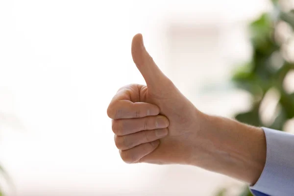 Close up confident businessman show thumbs up, business achievem — Stock Photo, Image