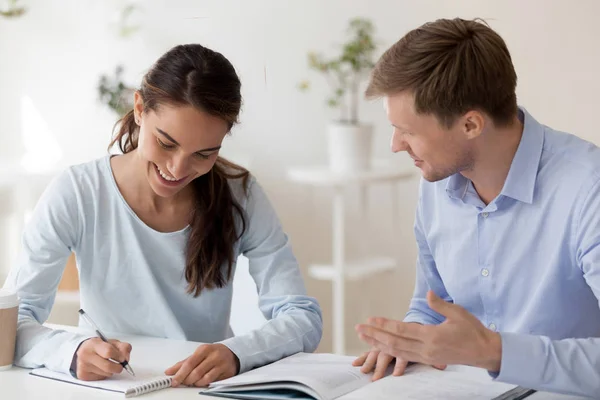 Handsome Tutor Helping Female Student Research Work Smiling Happy Woman — Stockfoto