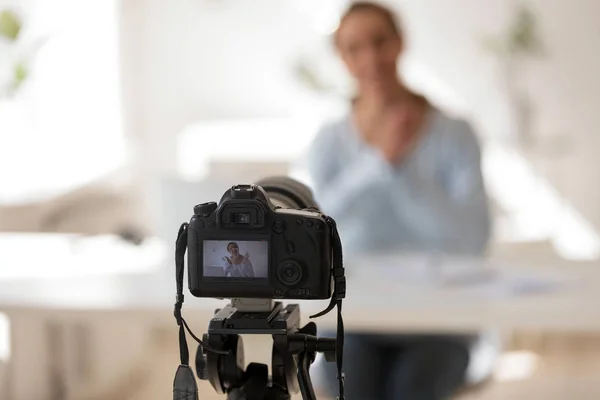 Businesswoman recording video blog on professional digital equip — Stock Photo, Image