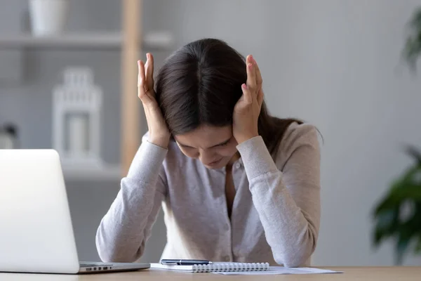 Tired stressed teen girl feeling strong headache exhausted of study — Stock Photo, Image