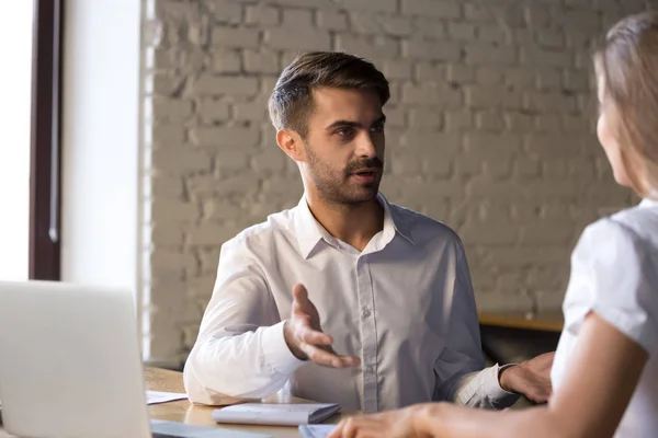 Diverse colleagues have conversation discussing business project — Stock Photo, Image