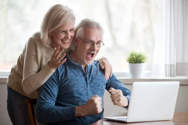Excited aged wife and husband looking on computer screen