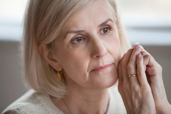 Close up portrait sad thoughtful attractive old woman — Stock Photo, Image