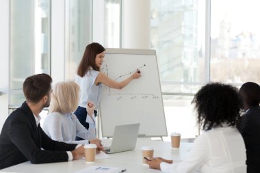 Çeşitli iş adamları modern boardroom masada oturan genç yetenekli Koç kadın dinler. Akıl hocası paylaşmak bilgi ve fikir birlikte flipchart kar ve üretim grafik üzerinde gösterilen stratejiler