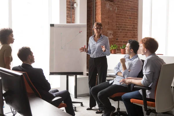 Medelålders coach mentor ger blädderblock presentation utbildning säljteam — Stockfoto