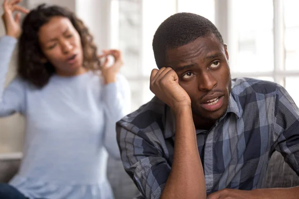 Frustrated black boyfriend tired of girlfriend lecturing — Stock Photo, Image