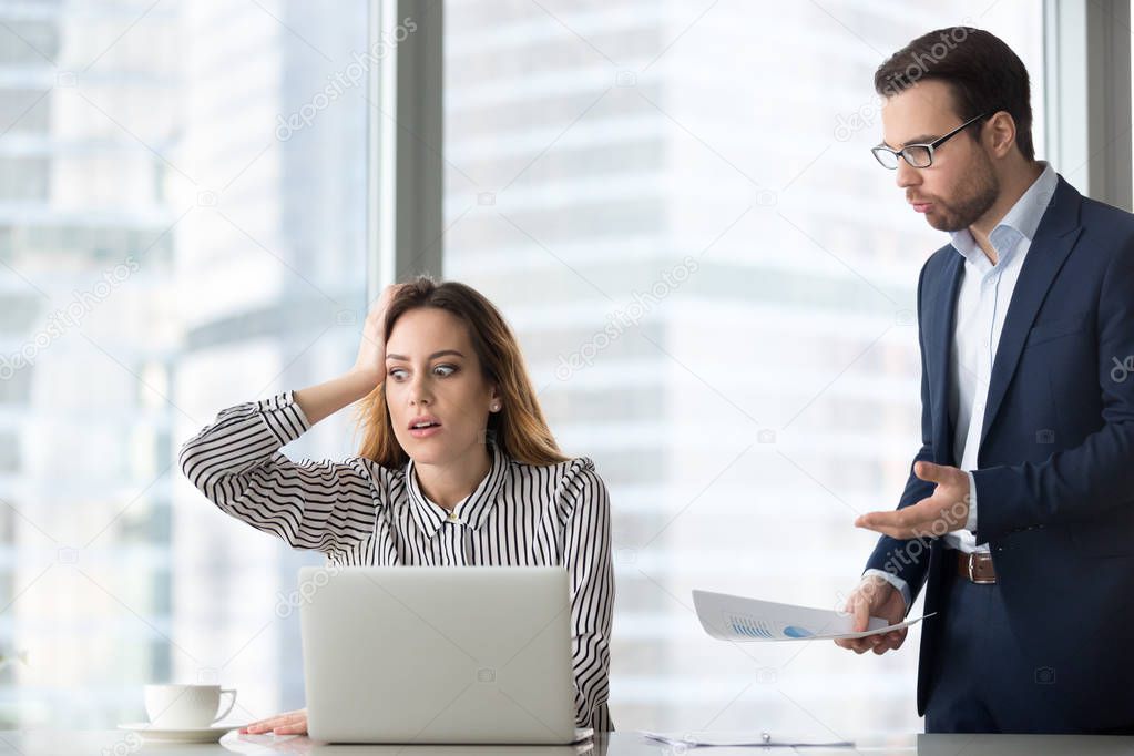 Angry boss scolding stressed lazy worker forgot missed deadline