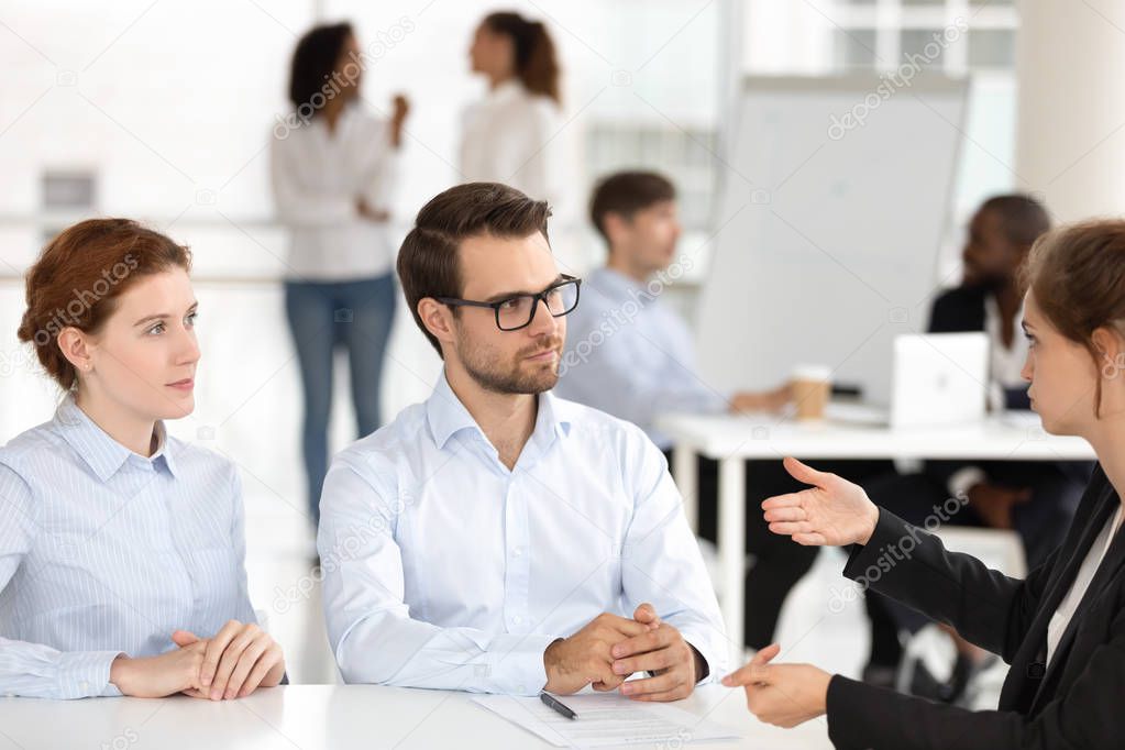 Candidate for vacancy in company answers questions during an interview