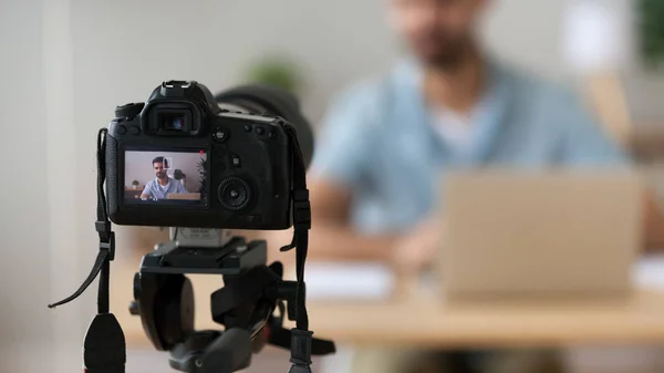 Close up successful man recording video, using digital camera — Stock Photo, Image