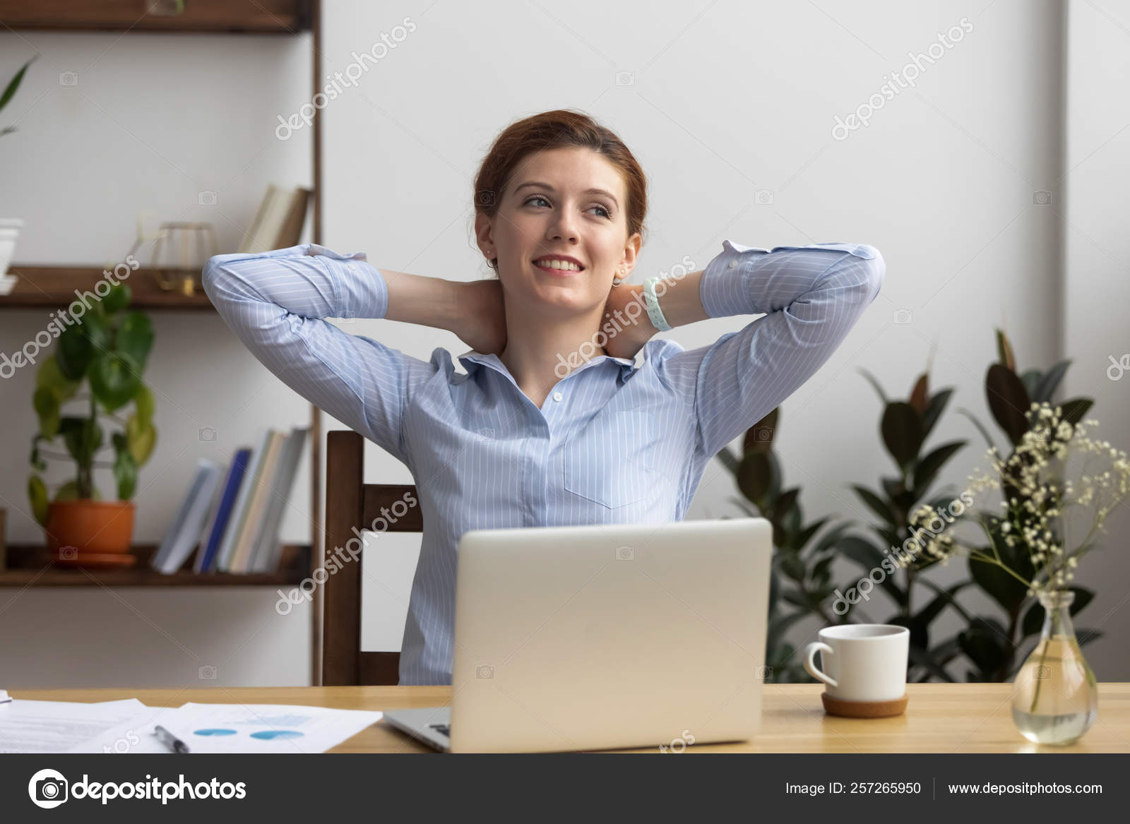 Happy Calm Business Woman Employee Take Break At Work Desk Stock