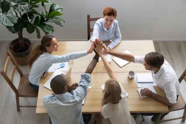 Happy united diverse business team people give high five together — Stock Photo, Image