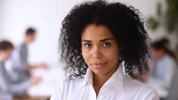 Une travailleuse afro-américaine souriante pose dans un bureau moderne — Video