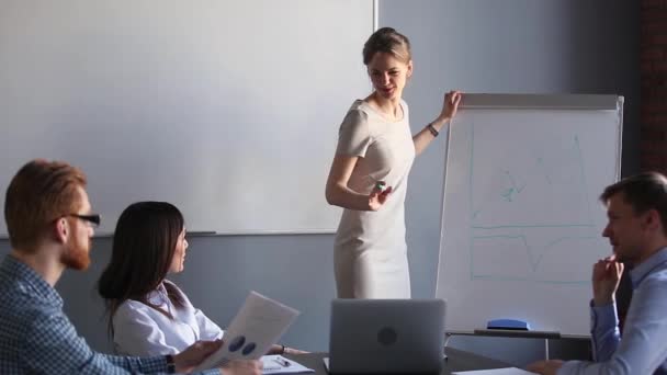 Empresarial formador de negócios do sexo feminino discutir gráficos financeiros formação empregados — Vídeo de Stock