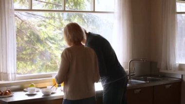 Mutfakta birlikte yemek pişirmenin keyfini çıkaran yaşlı çiftte arka görüş