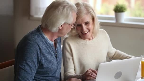 Pareja vieja feliz usando el ordenador portátil hablando juntos haciendo compras en línea — Vídeos de Stock