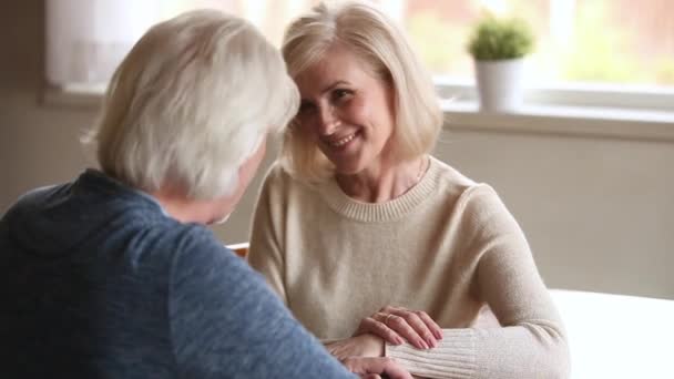 Gelukkig volwassen Senior paar praten lachende flirten op datum — Stockvideo