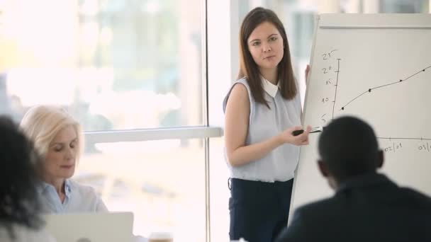 Joven mujer de negocios entrenador da presentación flipchart en seminario de reunión corporativa — Vídeo de stock