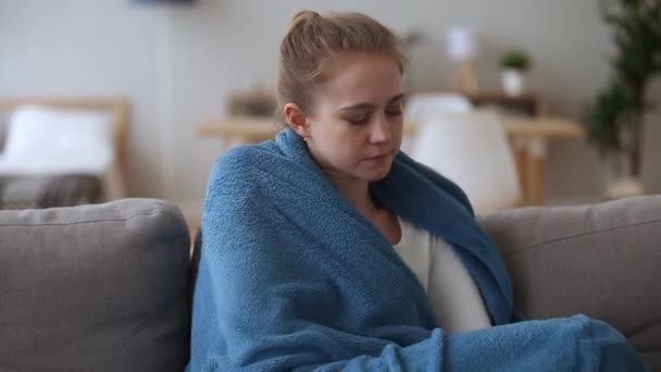 Sick upset woman feeling cold no central heating at home — Stock Video