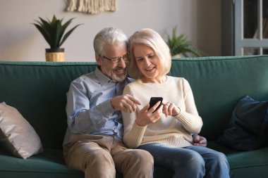 Mutlu olgun aile, eş ve koca evde birlikte telefon kullanarak