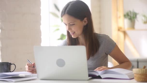 Teen girl student study online check homework with online teacher — Stock Video