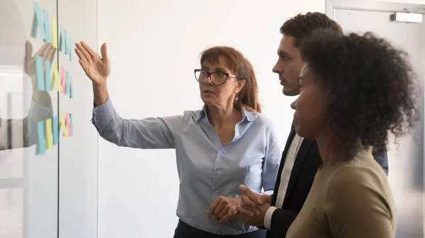 Líder del equipo femenino explica proyecto a colegas con notas adhesivas —  Fotos de Stock