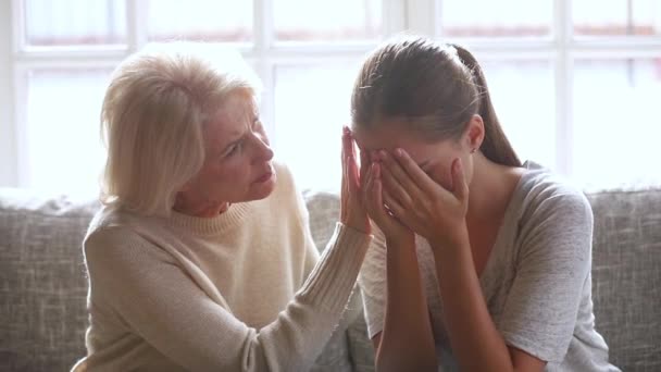 Liefdevolle oude moeder sympathiserende troostende boos huilen jonge dochter — Stockvideo