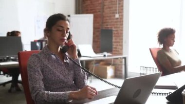 Genç Hintli iş kadını ofiste telefon danışmanı bir müşteriyle konuşuyor.