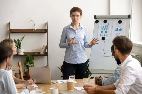 Doświadczony ambitny biznesmen daje prezentację na spotkaniu zespołu w pobliżu flipchart — Zdjęcie stockowe