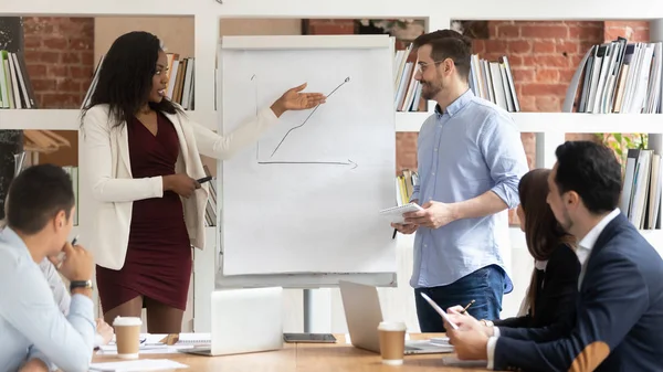 Two diverse business coaches work together give flip chart presentation — Stock Photo, Image