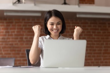 Overjoyed Asya iş kadını kazanan dizüstü bilgisayar bakarak online kazanmak kutluyor