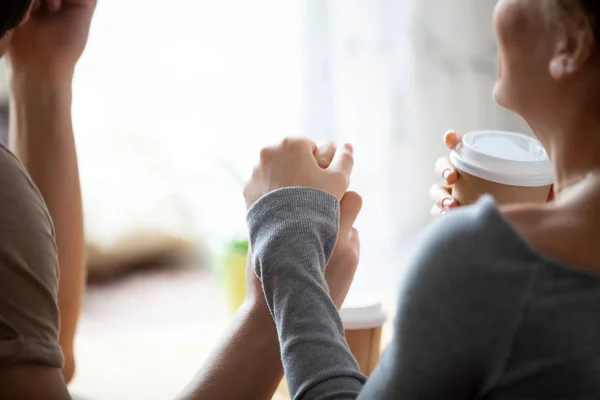 Close up young caucasian man holding hand beloved woman. — Stock Photo, Image