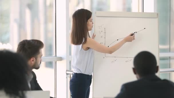 Mujer positiva entrenador de negocios enseña al personal de la empresa utilizando pizarra blanca — Vídeo de stock