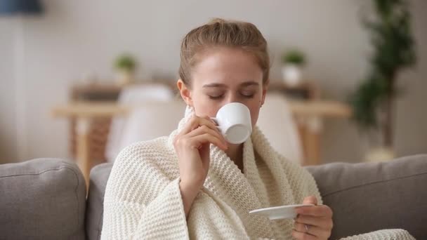 Attraktive Frau mit Plaid bedeckt trinkt Morgenkaffee fühlt sich glücklich — Stockvideo