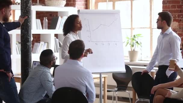 Treinador de negócios explicando aos funcionários dados gráficos mostrados no flipchart — Vídeo de Stock