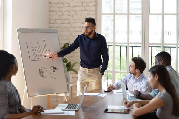 Diversos empresarios escuchan entrenador de altavoces dando presentación de rotafolio — Foto de Stock