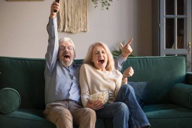 Tv zaferi kutlamak izlerken uzaktan kumanda tutan heyecanlı yaşlı çift