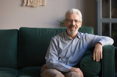 Gülümseyen kıdemli adam oturma odasında kanepeye oturup, portre