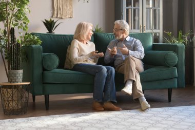 Mutlu yaşlı yaşlı çift gülerek konuşurken birlikte kanepeye oturup