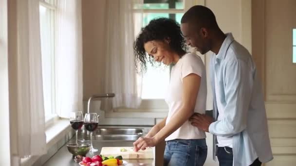 Esposa prepara jantar marido abraçá-la atrás falando desfrutar data — Vídeo de Stock