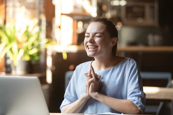Excited funny woman student winner celebrating success sit with laptop — Stock Photo, Image