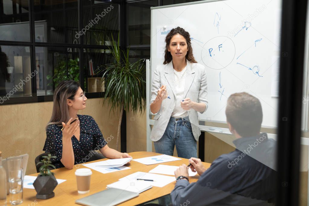 Female coach leader conference speaker give business presentation in boardroom