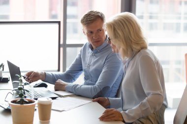 Odaklanmış farklı iş arkadaşları birlikte dizüstü bilgisayar kullanarak evrak analiz