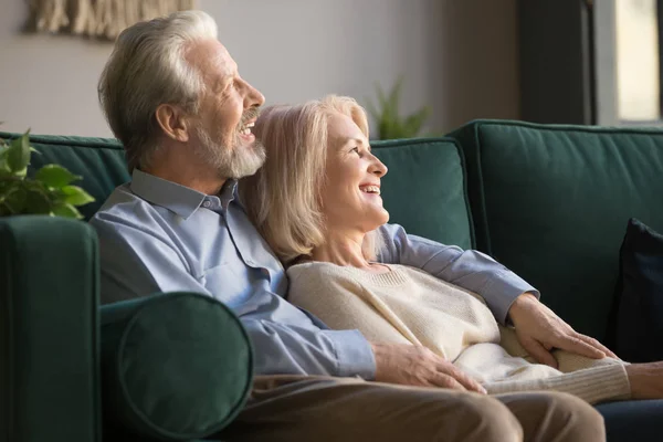 Älteres fröhlich lächelndes Rentnerehepaar entspannt auf Couch. — Stockfoto