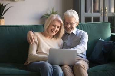 Mutlu gülümseyen gri saçlı emekliler aile bilgisayar ile birlikte vakit geçirmek.