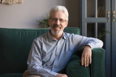 Kanepede oturan gözlüklü gülümseyen yaşlı adamın portresi