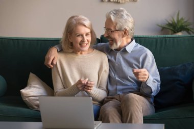 Gülümseyen yaşlı eşler online film izlerken dizüstü bilgisayar kullanın