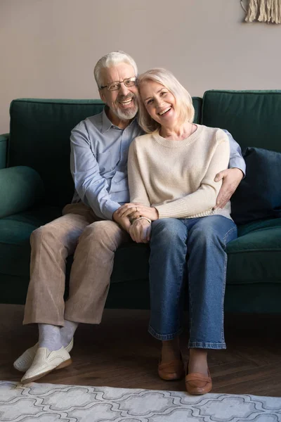 Gelukkig middelbare leeftijd grijze familie paar verticaal portret. — Stockfoto