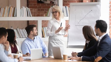 Orta yaşlı iş kadını brifing üzerine beyaz tahta sunumu yapıyor.