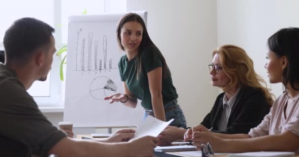 Young female project manager leader conduct team meeting in boardroom — Stock Video