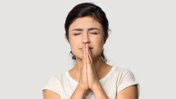 Indian girl believer with prayer hands make wish — Stock Photo, Image